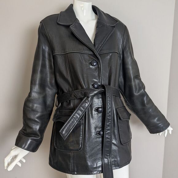 Vintage 90s Cuir Dimitri Heavy Leather Jacket 70s Style Belted Lined Women’s XL - Picture 1 of 9